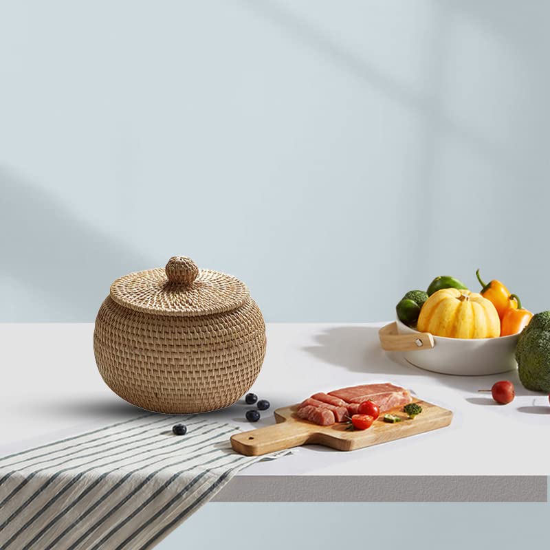 SUMTree Panier De Rangement En Rotin Avec Couvercle - Boîte Décorative Organisateur Rond 30x12cm Pour Étage, Maison Et Cuisine