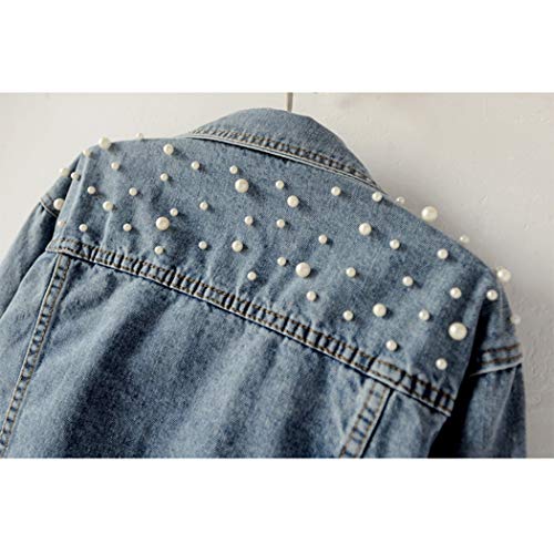 Hixiaohe Women Loose Embroidered Pearls Beading Cropped Denim Jacket Jean Coat (Blue, L) #TOP4