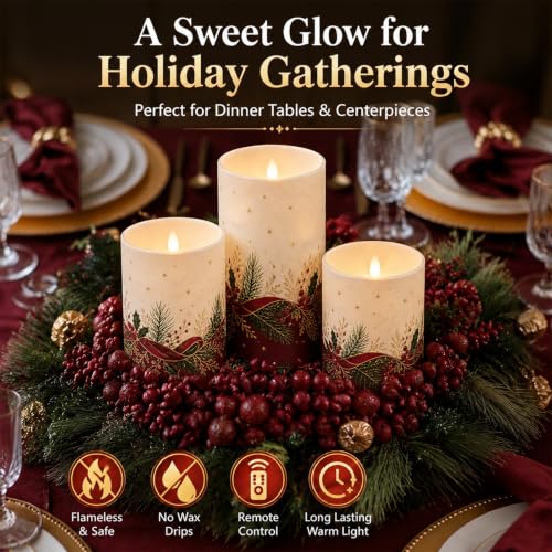 Image of Tujoe 3 Pcs Christmas Flameless Candle Burgundy Emerald Gold Pillar Candle