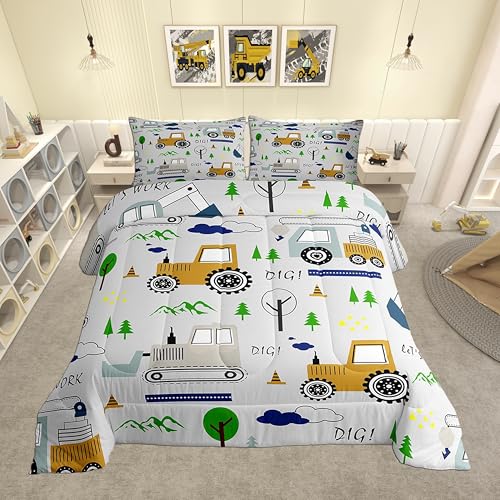 Construction Comforter Set Size Equipment Trucks Full Grey Yellow Green