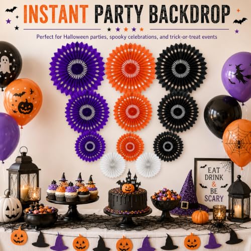 Image of Halloween Hanging Honeycomb Round Paper Fans Decoration Theme Tissue Paper Fan Garland for Shower Birthday Graduation Wedding Party Supplies 11 Count