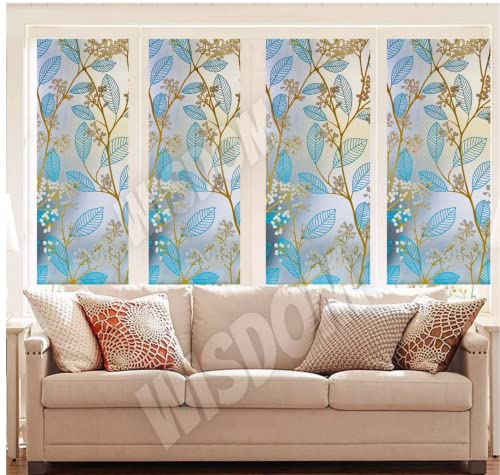 Image of WISDOM Privacy Window Film Frosted Glass Film Glass Film No Glue Anti-UV Window Sticker Non Adhesive for Privacy Office Meeting Room Bathroom Living Room (Leaf Blue Flower, 12 x 80 inch)