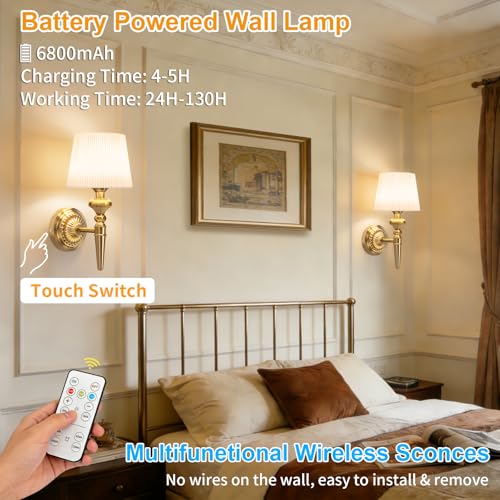 Image of Cordless Battery Powered Wall Sconce Vintage Set of 2, Touch Type & Remote, Timer, Wireless 6800mAh Rechargeable Battery Small Wall Lamp for Wall Painting, Living Room, Bedroom, Hallway, Gifts(Gold)