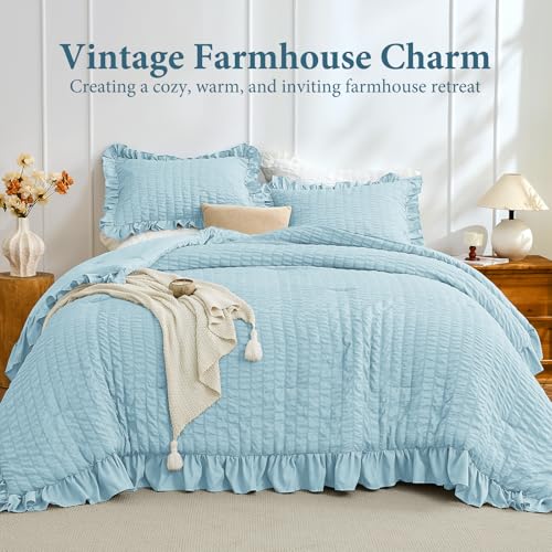 Image of JOLLYVOGUE Light Blue King Size Comforter Set, 3 Pieces Seersucker Comforter King Size, Lightweight & Fluffy Bedding Sets for All Season with 1 Ruffle Comforter and 2 Ruffle Pillowshams