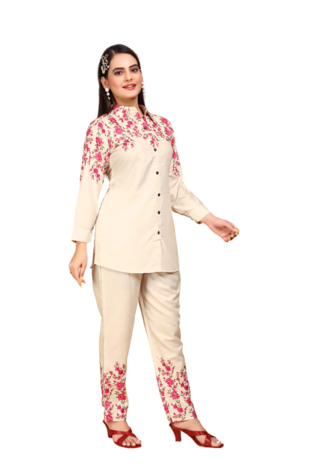 CHIC DENIMWomen's Printed Rayon Casual Wear Collared Neck Long Sleeve Cord Set (A_P_1005-Beige-)