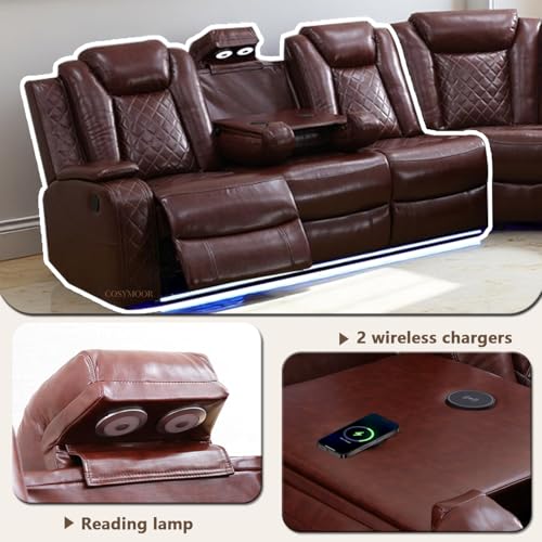 Image of Leather Power Reclining Sectional Sofa Set with LED Light,L Shaped Leather Sectional Recliner Couch Set with 5 Recliner Seats,Modular Sofa with USB Port,Cup Holder,Storage for Living Room Furniture
