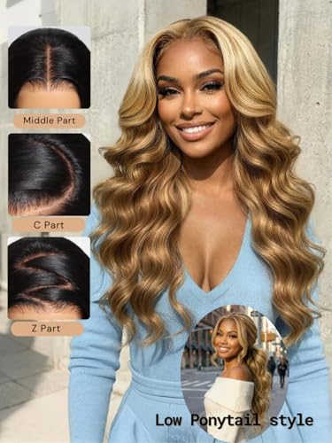 Image of Beauty Forever Honey Blonde Highlight Body Wave 13x4 HD Lace Front Wig Human Hair, Glueless Drawstring Wig Pre Plucked Pre Cut Bye Bye Slip Secure Fit Big Deep Parting Lace Wig 150% Density 18inch