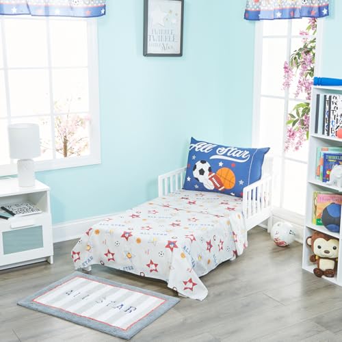 EVERYDAY KIDS 3-Piece Toddler Fitted Sheet, Flat Sheet and Pillowcase Set - Jungle Sports - Soft Breathable 100% Cotton Percale Boys Toddler Bed Sheets Set