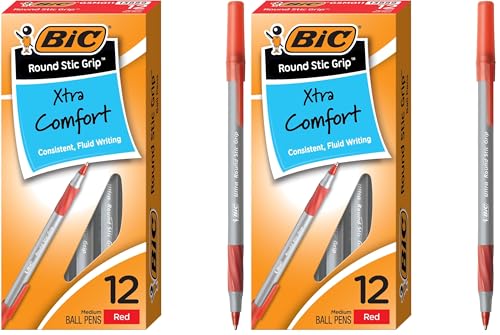 Image of BIC Round Stic Grip Xtra Comfort Red Ballpoint Pens, Medium Point (1.2mm), Excellent Writing Pens With Soft Grip for Superb Comfort and Control 12 Count (Pack of 2)