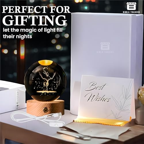 Image of 3D Deer Crystal Ball Night Lamp, LED Glass Ball Table Lamp with Wooden Base for Home Decor, Office, Birthday Gift (Deer)