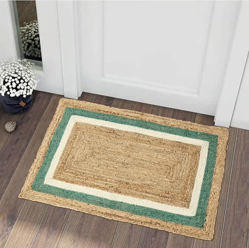 Tapis à tissage plat beige et bleu turquoise facile à nettoyer pour salon - 3