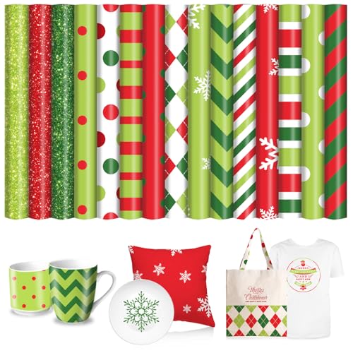 JarThenaAMCS 15 Sheets Christmas Heat Transfer Vinyl Red Green Stripe Dot HTV Iron on Vinyl Adhesive Vinyls for Xmas Clothing Costume DIY Fabric Crafts 12 x 10 Inch