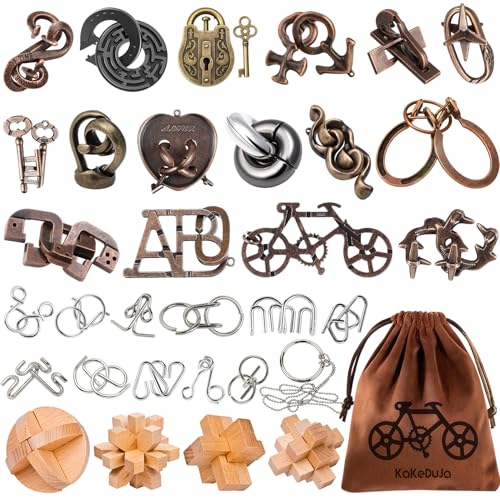 32 Pcs Brain Teaser Puzzles Set for Adults Kids – Vintage Wooden & Metal 3D IQ Game, Challenging...