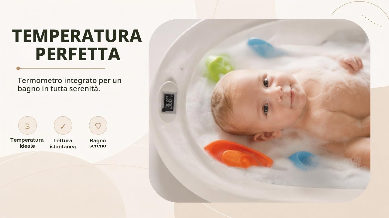 Vasca da bagno pieghevole con supporto in acciaio – Vasca da bagno per neonati con termometro e tubo di scarico – Cuscino ergonomico neonato – guadagno di spazio piccolo bagno – 0-3 anni