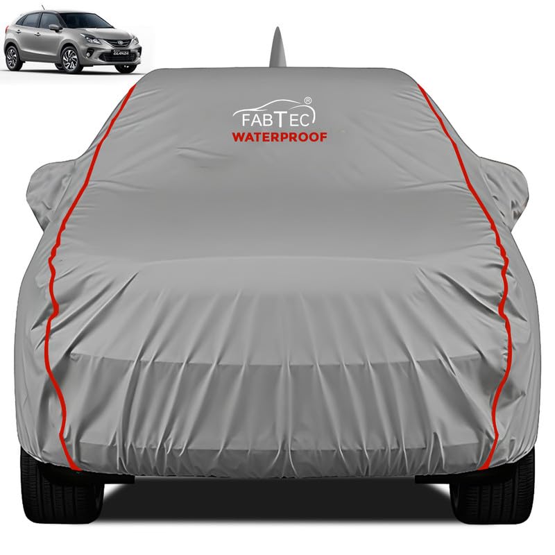 FABTEC Waterproof Premium Car Cover for Toyota Glanza Super Waterproof Car Body Cover Heavy Duty Durable PEVA Grey with Red Piping