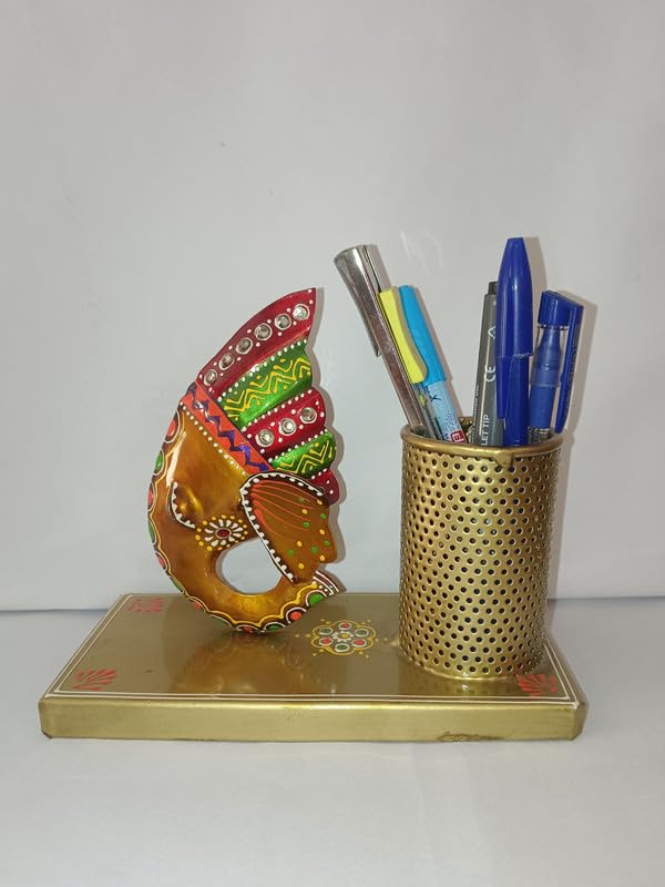 Suncity Creation Metal Lord Ganesha Pen Stand Holder Multicolor | Home/Office Décor