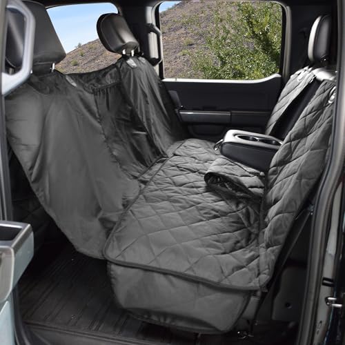 4Knines New Crew Cab Truck Pet Seat Cover for Back Seat with Split-Tech Dog Hammock & Mesh Window Heavy Duty Dog Hammock for Trucks with Split Bench Seats (Black Passenger Side)