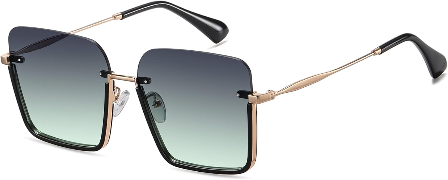 Trendy Sunglasses for Women Men, Designer Sunglass UV400 Protection Lenses Ladies Shades Rectangular Frame: Gold Arm + Black Frame + Gradient Green Lens