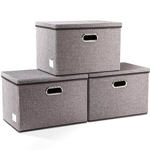 PRANDOM Large Collapsible Storage Bins with Lids [3-Pack] Linen Fabric Foldable Storage Boxes Organizer Containers Baskets Cube with Cover for Home Bedroom Closet Office Nursery (17.7×11.8×11.8)