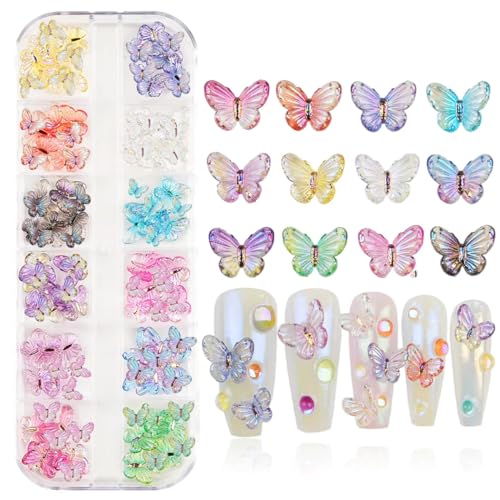 COOSLIM 108 Pcs Butterfly Bow Nails Bowknot Nail Charms Kit 3D Mix Color Aurora Butterflies Shape Bows Nail Art Decorations Butterfly Nail Charms for DIY Crafts Design B11