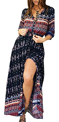 R.Vivimos Women's Summer Button Up Floral Print Split Beach Maxi Dresses Large Black