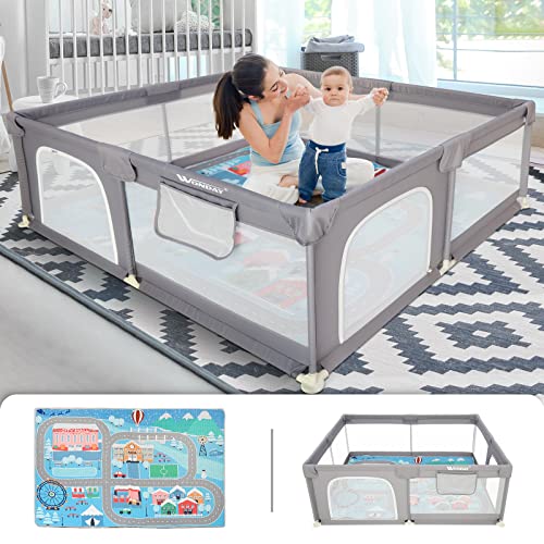 Image of Baby Play Mat, Large Playpen for Babies and Toddlers, 71" L x 59" W x 25.5" D Baby Fence Play Area with Playmat, 360° Visible Playard for Baby, Indoor Extra Large Baby Playpen for Infants Age 1-3