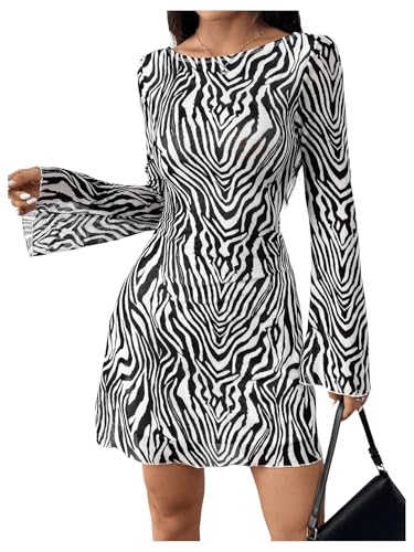 Image of MakeMeChic Women's Cheetah Print Mini Dress Y2k Bell Sleeve Leopard Print Dress Going Out Outfits
