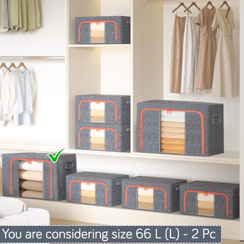 Image of HOKIPO 66L Large Folding Storage Box and Organiser for Clothes, Wardrobe Storage Box, Ash Grey Pack of 2 (AR-6673-AGRY*2)