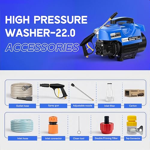 Image of Cockatoo RinseSmart22W High Pressure Washer, Corded Electric 2200W 3HP, 140 Bar, 6L /Min Flow, Aluminium Binding Induction Motor, 7m Hose, Foam Spray Gun - for Car, Bike, Patio, Garden, car Washer Blue