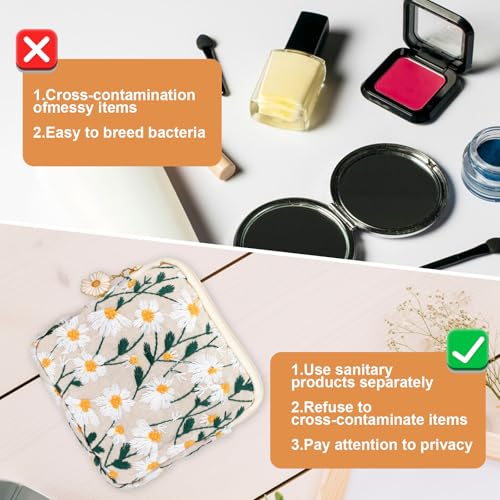 Image of Kifmurase 2 Pcs Daisies Sanitary Napkin Storage Bag, Daisy Embroidery Tampon Holder Pouch with Zipper, Portable Period Bag Nursing Pads Holder Period Pouches for Teen Girls Women (Black+Beige)