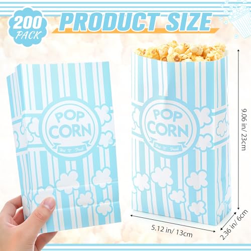 Image of 200 Pcs Paper Popcorn Bags Bulk 2 oz Large Flat Bottom Boxes Red and White Disposable Container Sleeve Movie Night Popcorn Bucket for Retro Movie Themed Party Carnival Supplies (Light Blue and White)