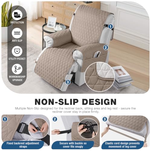 Image of TAOCOCO 100% Waterproof Recliner Chair Covers, Non Slip Recliner Covers that Stay in Place, One-Piece Washable Reclining Chair Cover with Elastic Straps, Taupe, Fits 22 inch Seat Width