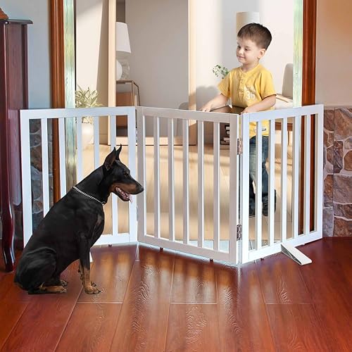 Image of Belief Foldable Wooden Pet Gate for Dogs & Cats - Indoor Safety Barrier for Doorways, Hallways & Stairs | Free-Standing, Portable White Dog Fence - 3 Panel, 60 cm Height (【3 Panels 】 59''W x 24''H)