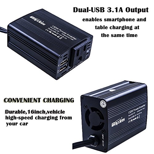 Bapdas 150W Car Power Inverter DC 12V to 110V AC Car Converter with 3.1A Dual USB Car Adapter-Black