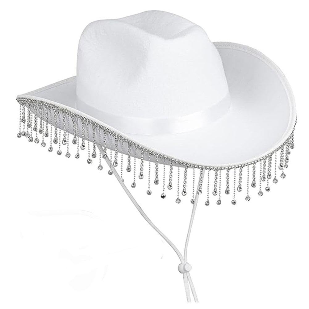 DHliIQQ Sombrero de vaquera con flecos de diamantes de imitación para mujer, sombrero de vaquero con borlas brillantes, sombrero de vaquero occidental de ala ancha para fiesta