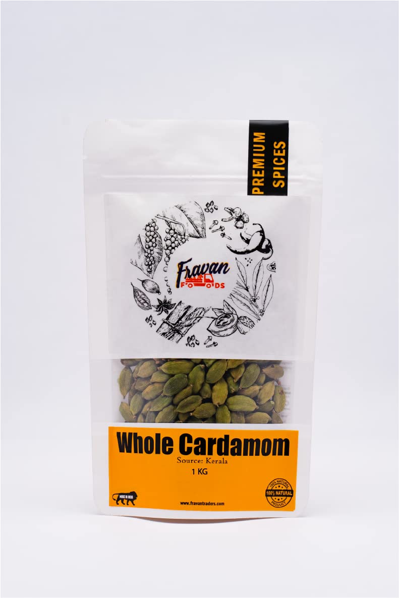 Fravan Foods Green Cardamom | Premium Idukki Elaichi 8mm+ | Whole Aromatic Variant for Elite Chefs & Bakers 1KG