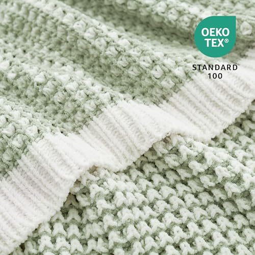 Amélie Home Waffle Chenille Throw Blanket for Couch, Pineapple Stitch Knit Soft Cozy Knit Blanket Decorative Throw for Sofa, Chair, 50"x60", Sage Green&Ivory