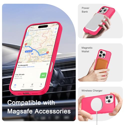 Image of YENAPOON for iPhone 16 Pro Max Case, Matte Magnetic Phone Cover [with 1 Screen Protector] [Support for MagSafe] [Shockproof Military Grade Protection] Translucent Frosted Back, Hot Pink
