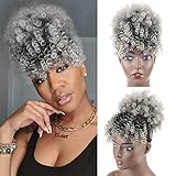 Gray Afro Puff Drawstring Ponytail with Bangs Salt and Pepper Wigs for Women Afro High Puff Bun with Bangs Short Afro Kinky Curly Hair Bun with Bangs UAmy hair Synthetic Ponytail Extensions with Clips in(T1B/Gray )