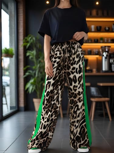 Women's Leopard Straight Leg Wide Leg Loose Trousers Casual Elastic Waist Long Pants