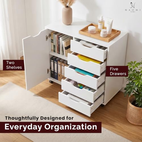 Image of Naomi Home Amy 5-Drawer Rolling Drawer Dresser with Cabinet - White | Five easy-access drawers, two shelves, smooth-rolling casters and a wide top in a space-saving storage cabinet.