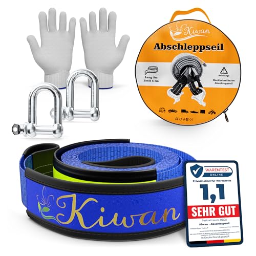 Kiwan Abschleppseil Offroad Zubehör Set 10 Tonnen, 5M x 5CM – Geprüfte Qualität – Reißfester Bergungsgurt für Wohnmobil, Auto, LKW, Pkw – Notfall Abschleppseil für Geländefahrzeuge.