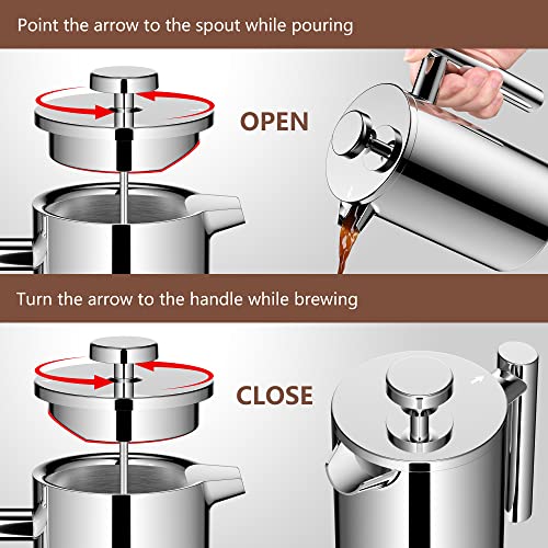 MaxMiuly Cafetiere Stainless Steel Coffee Press Double Wall French Press 4 Cup (Silver, 600ml), 0.6l - Image 4