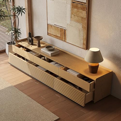 Image of POVISON 95 inch Fully Assembled Mid Century Modern TV Stand with LED Lights, Extra Long Media Console with 6 Drawers, Luxury Wood Slatted Entertainment Center for 85 90 100 Inch TV