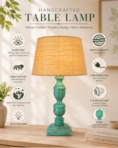 Image of Homesake Handcrafted Wooden Table Lamp for Living Room & Bedroom | Bedside Rustic Algae French Table Lamp with Fabric Jute Shade | Included Bulb | Decorative Wooden Night Lamp for Home Decor, Beige