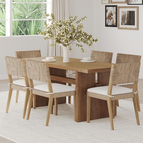 Image of Beacon Boho Dining Chair Set of 6, Boucle Dining Chair with Seagrass Accent and Solid Wood Legs, Cream Boucle /Light Brown