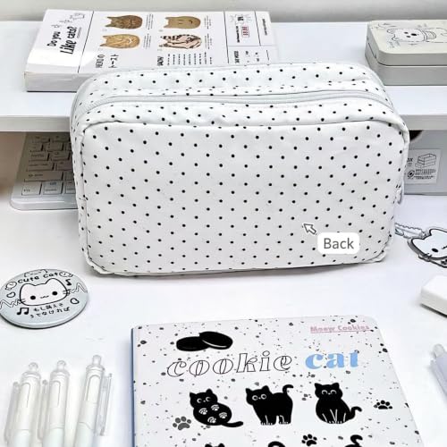 Image of Cute Cat Pencil Case, Kawaii Polka Dot Pen Pouch for Girls - Large Capacity Canvas Cosmetic Bag with Japanese Bow Patch, Aesthetic Stationery Organizer for School, Travel & Makeup