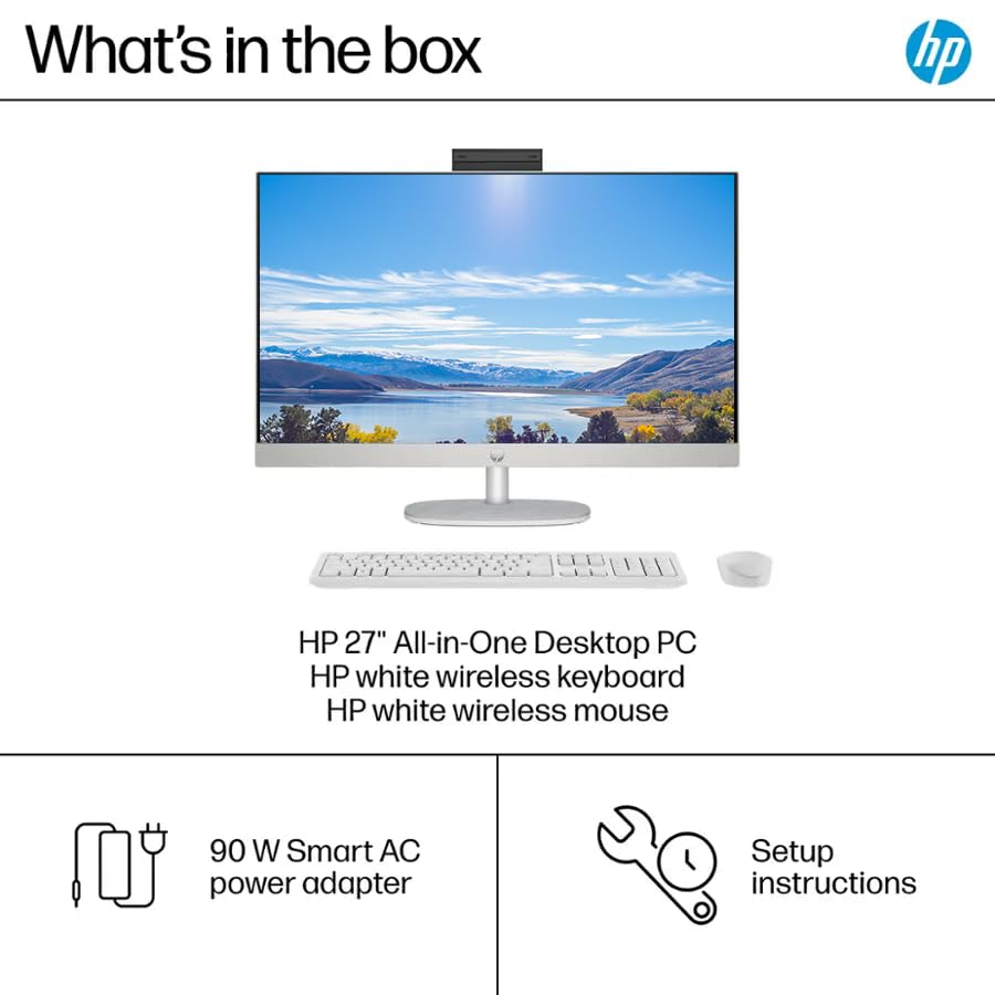 Image of HP 27 inch FHD All-in-One Desktop Computer, Intel 12-Core Ultra 7 155U Processor, 16GB RAM 1TB Storage (512GB SSD+512GB External), Wireless Keyboard & Mouse, Windows 11, PLUSERA Earphones, White