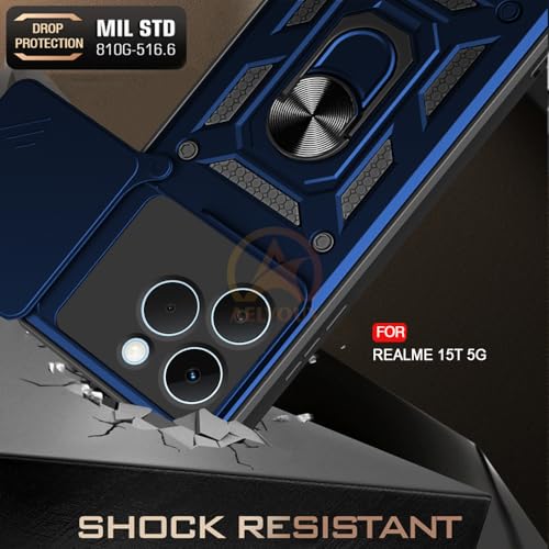 Image of Armor Bumper Back Cover Case for Realme 15T 5G Rotating Camera Cover, Ring Holder & Kickstand | Heavy Duty & 360 Degree Protection Realme 15T 5G Back Cover (Blue)