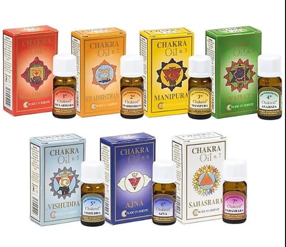 FIORE D'ORIENTE Set 7 Oli Essenziali dei Chakra, 10 ml, con Olio di Jojoba Spremuto a Freddo, Ingredienti 100% Naturali, per Aromaterapia